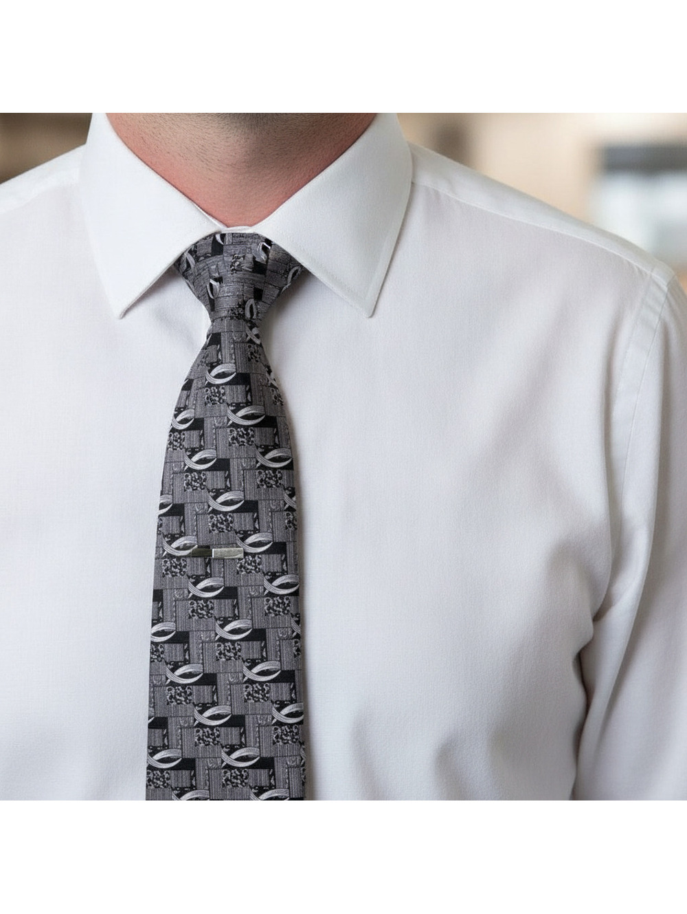 Parquet gray geometric hand made polyester necktie